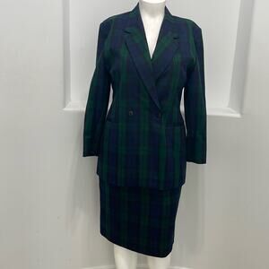 Theomiles Women's Vintage Wool Jacket & Skirt Set Blue Green Plaid Size 14